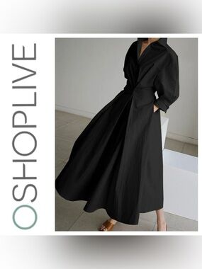 💵NWT OSHOPLIVE Black Collared Midi Dress - Classic Shirtwaist Style Size 0XL